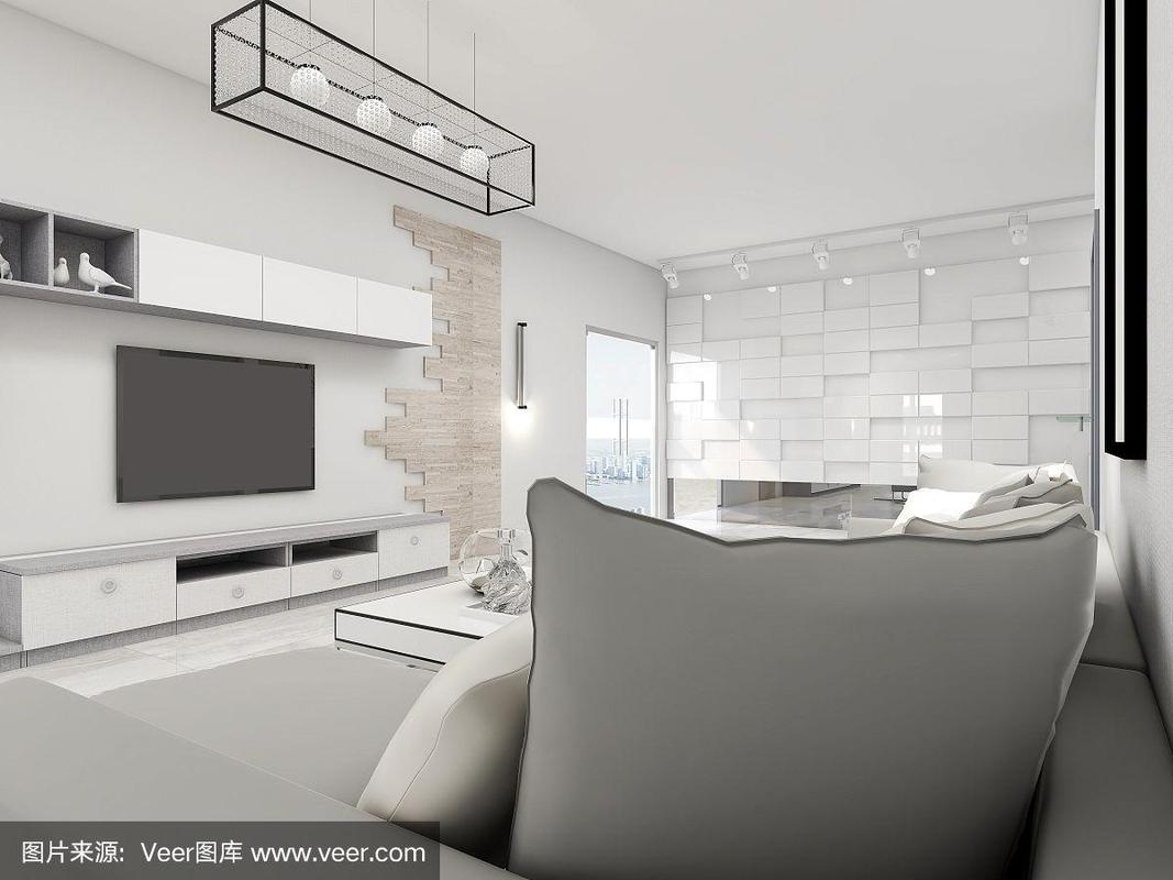 3d效果圖,現(xiàn)代住宅寬敞的客廳設(shè)計(jì),配有沙發(fā),茶幾,裝飾畫等